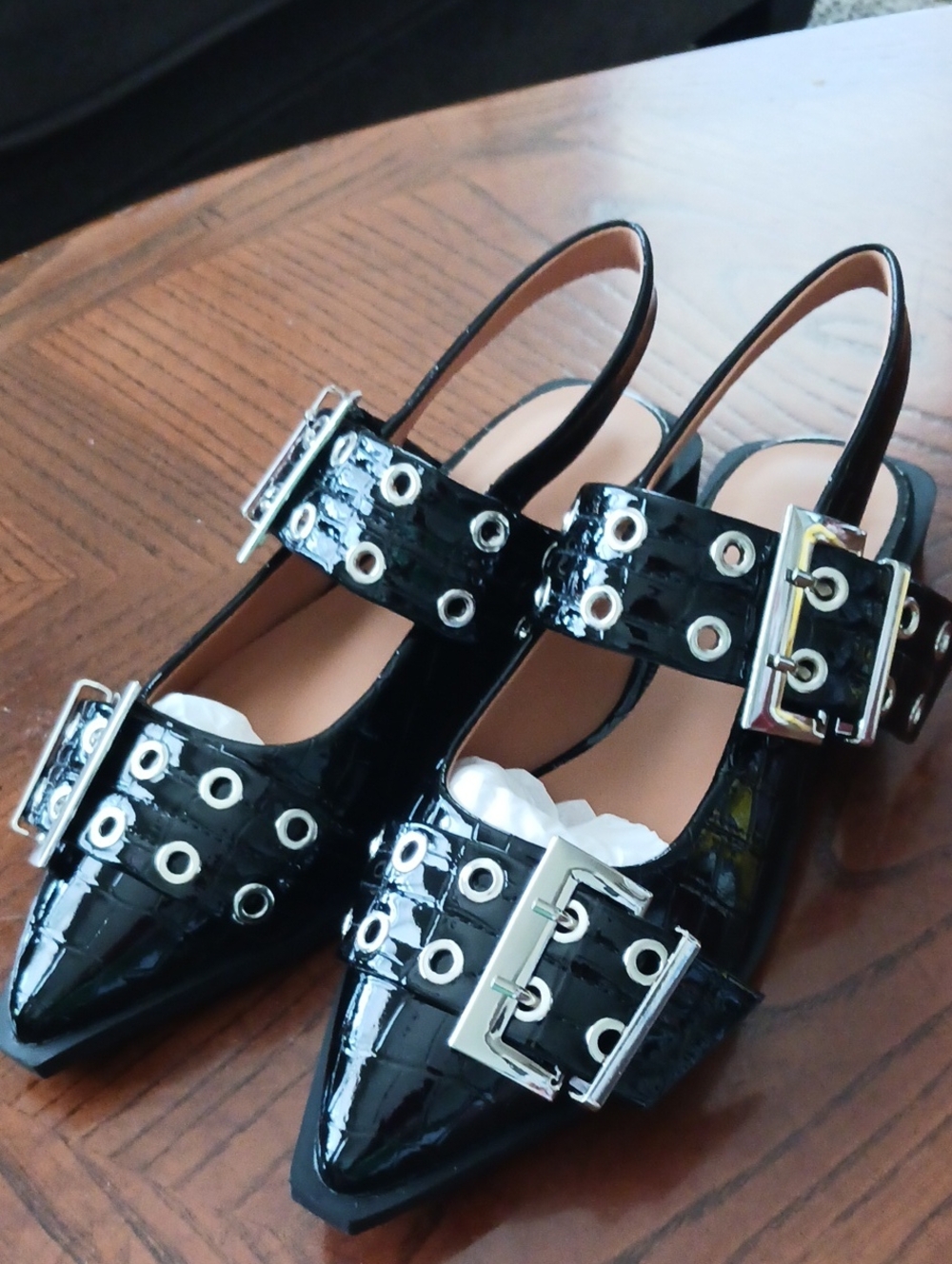 Patent Leather Slingback Pointed Flats with Eyelet Buckles - Black